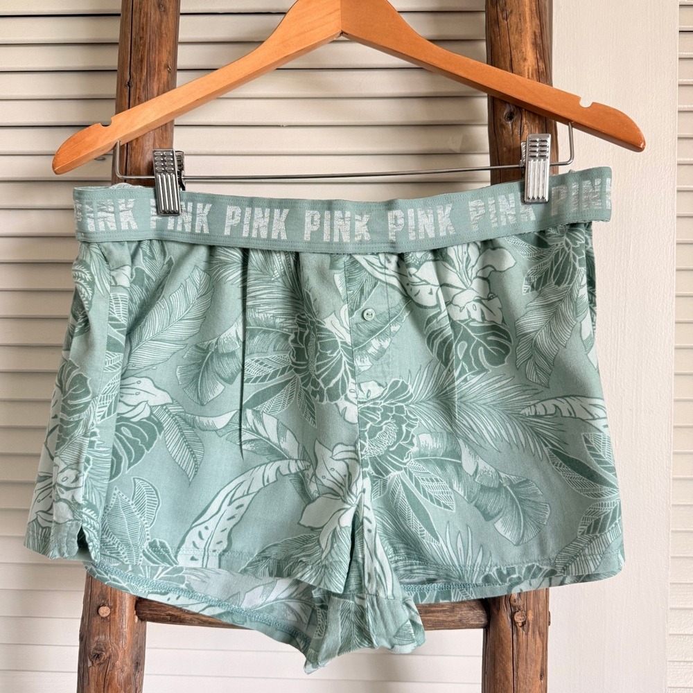 Victoria's‎ Secret PINK Pajama Shorts Large Green Tropical Palm Leaf Sleepwear